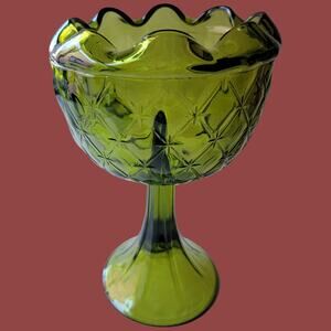 Vintage 1970s Green Glass Pedestal Rose Bowl Vase from Indiana Glass
